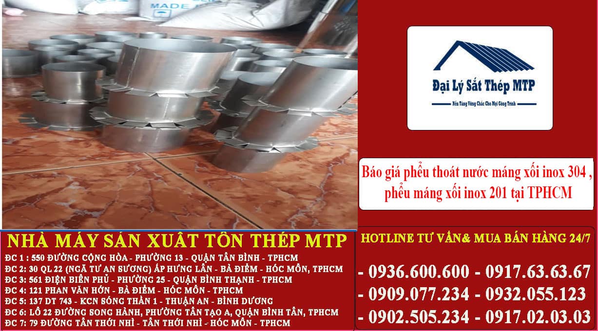 Báo giá phểu thoát nước máng xối inox 304 , phểu máng xối inox 201 tại TPHCM